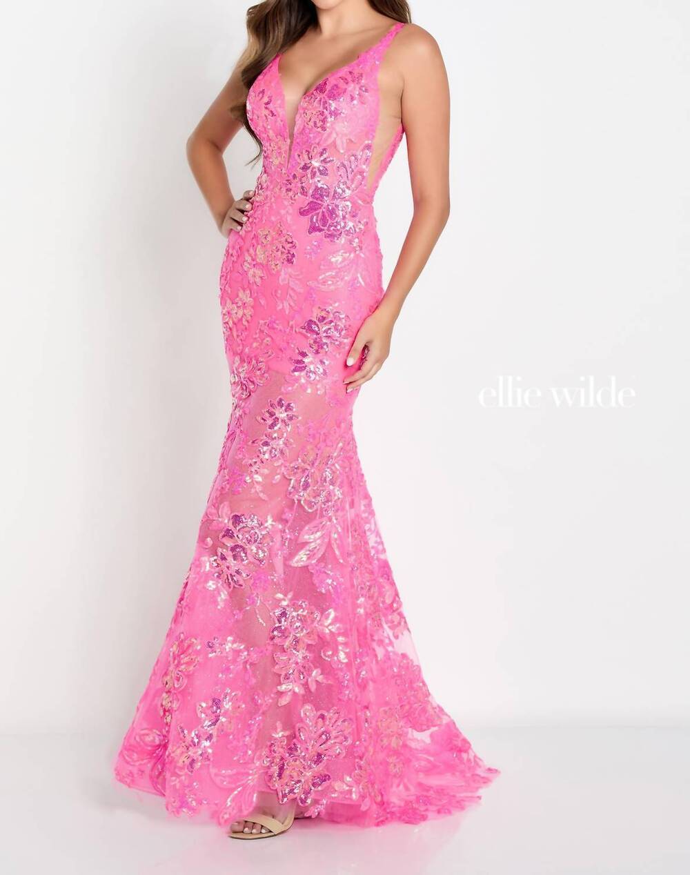 NEW ELLIE WILDE sheer-skirt long prom dress in hot pink